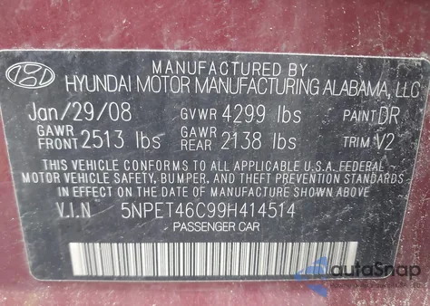 2009 Hyundai Sonata Gls из США, поврежденный, VIN 5NPET46C99H414514